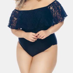 Lehona | Black Crochet Ruffle Off-Shoulder One-Piece Swimsuit